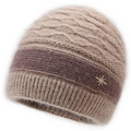 Winter knit hat for older women with beige mohair wool and diamond star brooch - Elastic 56-59cm / Grey Camel