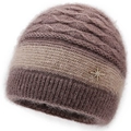Winter thermal knit beanie for elderly women featuring warm purple mohair and star brooch - Elastic 56-59cm / Dust Rose
