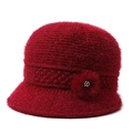 Women's warm knit bucket hat in burgundy with gold silk and rhinestone flower detail - Stretch 56-58cm / Red