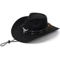 Detail of black western cowboy hat with ethnic woven band and silver bull head ornament - One Size 58cm / Cloth Band Cowboy Black