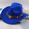 Detail of blue felt fedora featuring leather band with pearl accents and a crystal heart buckle - One Size 57cm / Heart Royal Blue