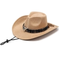 Detail of camel suede cowboy hat with ethnic braided band and silver bull skull ornament - Cloth Band Cowboy Light Beige