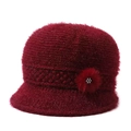 Dark red knit hat for elderly women featuring sparkling metallic thread and plush floral detail - Stretch 56-58cm / Burgundy