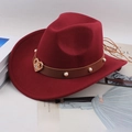 Detail of burgundy wool fedora featuring pearl leather band and gold heart buckle charm - One Size 57cm / Wine Red Heart
