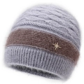 Detail of warm winter knit hat with soft mohair texture and star-shaped crystal brooch - Elastic 56-59cm / Gray