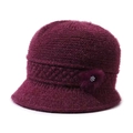 Chapeau tricoté bordeaux pour femme avec fleur en fourrure et strass pour l'hiver - Extensible 56-58cm / Violet