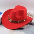Detail of red wool cowboy hat with brown leather band, white pearls and gold heart charm - One Size 57cm / Heart Red