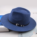 Detail of navy blue straw cowboy hat with black leather strap and silver western buckle - One Size 58cm / Navy Blue With Leather Buckle