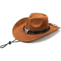 Close-up of brown western cowboy hat with ethnic braided band and metal bull head badge - Cloth Band Cowboy Tan
