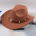 Detail of brown felt cowboy hat with pearl studs and a rhinestone heart buckle accessory - One Size 57cm / Caramel With Heart Buckle