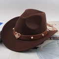 Dark brown felt cowboy hat with heart pendant leather band and faux pearl studs - One Size 57cm / Coffee Heart