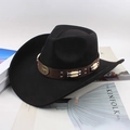 Detail of black wool cowboy hat featuring bull head metal badge and beaded band decor - One Size 58cm / Beaded Bull Head Black