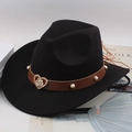 Black felt cowboy hat with leather band featuring pearls and a heart-shaped buckle - One Size 57cm / Heart Black
