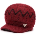 Winter knitted ear-warmer hat for elderly women in wine red with a bow detail - One Size (56-60cm) / Red