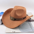 Detailed shot of a brown western cowboy hat with a bronze bull head buckle and wind rope - Paper Rope Bull Head Dark Beige