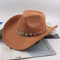 Dettaglio cappello da cowboy marrone con fascia intrecciata e perline turchesi blu - Decorazione in Corda di Canapa Beige Scuro