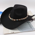Dettaglio cappello da cowboy in feltro nero con perline turchesi e nastro in canapa - Taglia Unica 58cm / Decorazione in Corda di Canapa Nero