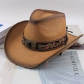 Gradiënt bruine strooien cowboyhoed met etnische geborduurde band en metalen edelsteen gesp - Eén Maat 58cm / Eén Oog (Eén Oog Stijl)