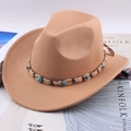 Khaki wool jazz fedora hat with braided rope band and turquoise bead details - One Size 57cm / Hemp Rope Camel