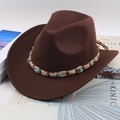 Ethnic western cowboy hat in dark brown wool felt with turquoise beaded rope band - One Size 57cm / Hemp Rope Coffee