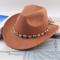 Brown wool cowboy hat with ethnic braided band and blue turquoise bead accents - One Size 57cm / Hemp Rope Caramel