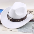 White felt cowboy hat featuring a brown leather band with a metal bull head ornament - One Size 57cm / White With Bull Head Studs