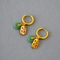 New Chinese-style gold-plated circle earrings with green agate doughnut and lucky charm - Green & Lucky Character