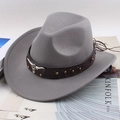 Mid-grey wool felt cowboy hat featuring a brown leather band and silver bull head emblem - One Size 57cm / Gray With Bull Head Studs