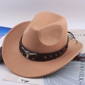 Khaki wool jazz hat with brown leather band featuring silver bull head metal ornament - One Size 57cm / Camel With Bull Head Studs