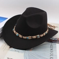 Black wool fedora with bohemian woven band and turquoise stones for outdoor style - One Size 57cm / Hemp Rope Black