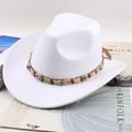 White felt cowboy hat with turquoise beads on a woven band and brown leather ties - One Size 57cm / Hemp Rope White