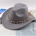 Grey wool felt wide brim cowboy hat with woven turquoise bead band and leather tie - One Size 57cm / Hemp Rope Grey