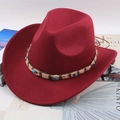 Burgundy wool jazz fedora hat with turquoise gemstone belt and wide brim design - One Size 57cm / Hemp Rope Wine Red
