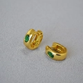 U-shaped gold-plated brass hoop earrings with oval green gemstone in a retro style - Green