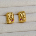 Close-up of gold plated brass earrings with woven texture and purple gemstones - Woven Texture Rectangular Red Gemstone Stud Earrings (1)