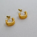 Detailed view of gold plated C-shaped earrings with beaded texture and sphere backing - Beaded Edge Vintage C-Shape Hoop Earrings (6)