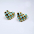 Detail view of heart-shaped checkered earrings with gold plating and blue enamel finish - Light Blue and Gold Checkerboard Heart Stud Earrings (10)