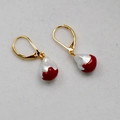 Detail of gold lever-back earrings with baroque pearls and red fluid enamel accents - Teardrop Baroque Pearl Red Lacquer Dangle Earrings (11)
