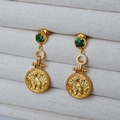 Pendientes vintage gato egipcio moneda de oro con malaquita y agujas de plata 925 - Estilo Moneda Gato Antiguo Egipto
