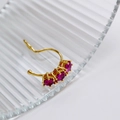 Macro shot of 18K gold plated brass earrings featuring three magenta faceted gemstones - Magenta Three-Stone Inlaid Nose Ring/Ear Clip (23)