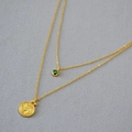 Collana a strati in ottone con perla verde e pendente a moneta egizia antica - Doppio Strato