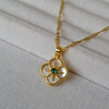 French vintage clover pendant necklace with mother of pearl and green gemstone star - Four-Leaf Clover