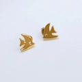 Detail of gold fish stud earrings featuring a small sparkling crystal eye setting - Gold Zircon Fish Studs (8)