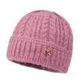 Pink cable knit winter hat with warm lining and decorative golden bow metal emblem - Elastic 56-60cm / Pink Jacquard