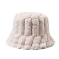 Thickened striped faux fur bucket hat for women in soft beige, winter thermal warm cap - Beige