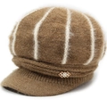 Detail of brown knitted baker boy hat with white plush stripes and gold rhinestone buckle - One Size / Khaki