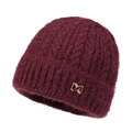 Detailed close-up of wine red knit hat texture and decorative gold metal ribbon logo - Elastic 56-60cm / Light Purple Jacquard