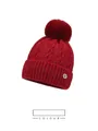 Winter jacquard knit beanie for women with fur pompom and rhinestone H emblem in red - Red