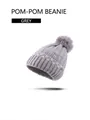 Bonnet en maille épaisse grise avec pompon en fourrure et bordure damier rose - Gris