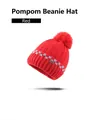 Dicke rote Strickmütze mit Bommel und Jacquard-Schachbrettmuster für kalte Wintertage - Rot
